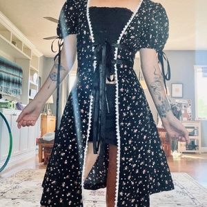 Adorable corduroy floral puffed sleeve vintage style dress